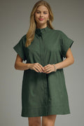 ENTRO Short Sleeve Mini Dress With Hidden Placket In Forest Green