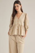 ENTRO Solid 3/4 Sleeve V Neck Top With Gold Button Detail In Taupe