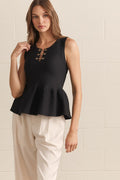 ENTRO Solid Peplum Top With Loop Hardware Detail In Black