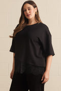 ENTRO Solid Short Sleeve Knit Top With Scalloped Lace Hem In Black PLUS Sizes