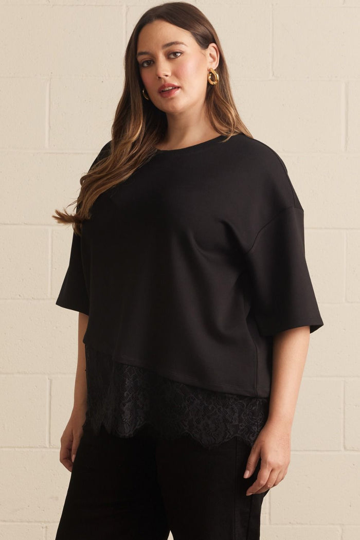 ENTRO Solid Short Sleeve Knit Top With Scalloped Lace Hem In Black PLUS Sizes