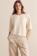 ENTRO Solid Short Sleeve Knit Top With Scalloped Lace Hem In Ecru