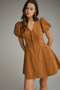 ENTRO Solid V Neck Puff Sleeve Mini Dress In Camel