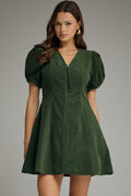 ENTRO Solid V Neck Puff Sleeve Mini Dress In Hunter Green