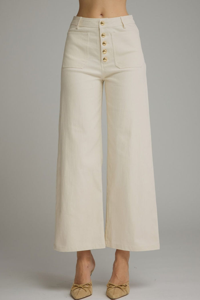 ENTRO Solid Wide Legged Pants With Gold Button Detail In Ecru *COMING SOON*