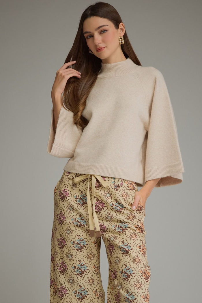 ENTRO Solid Wide Sleeve Mock Neck Top In Oatmeal