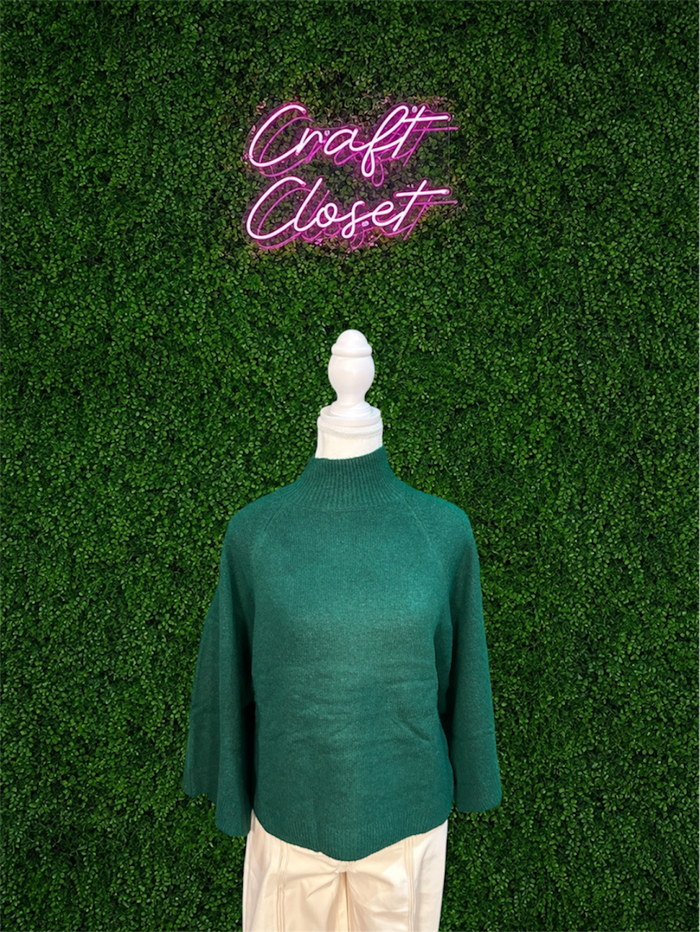 ENTRO Solid Wide Sleeve Mock Neck Top In Pine