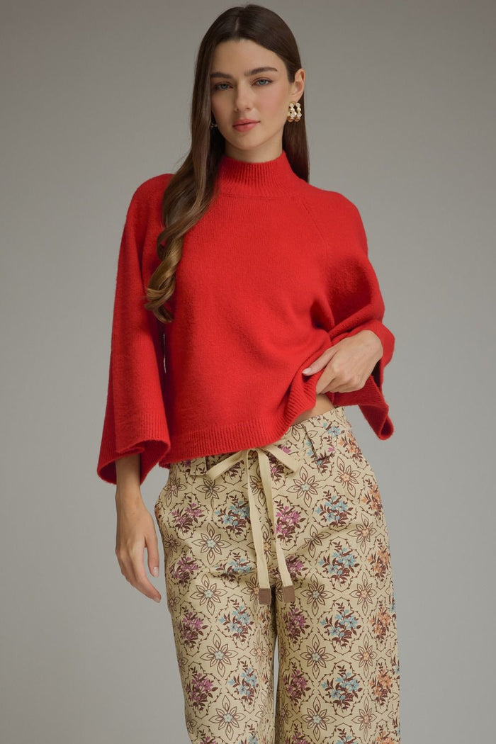 ENTRO Solid Wide Sleeve Mock Neck Top In Red