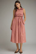 ENTRO Striped Collared Sleeveless Midi Dress In Camel Pink