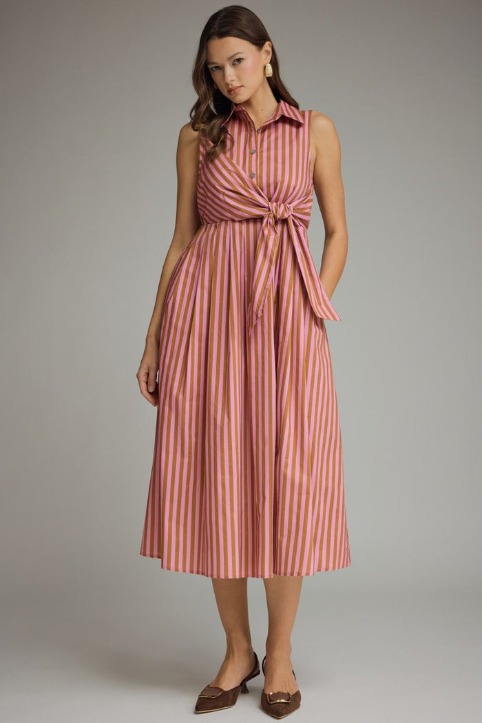 ENTRO Striped Collared Sleeveless Midi Dress In Camel Pink