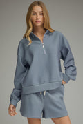ENTRO Striped Long Sleeve Zipped Top In Hunter Green Blue