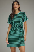 ENTRO Striped Print Mini Dress With Tie Waist In Hunter Green