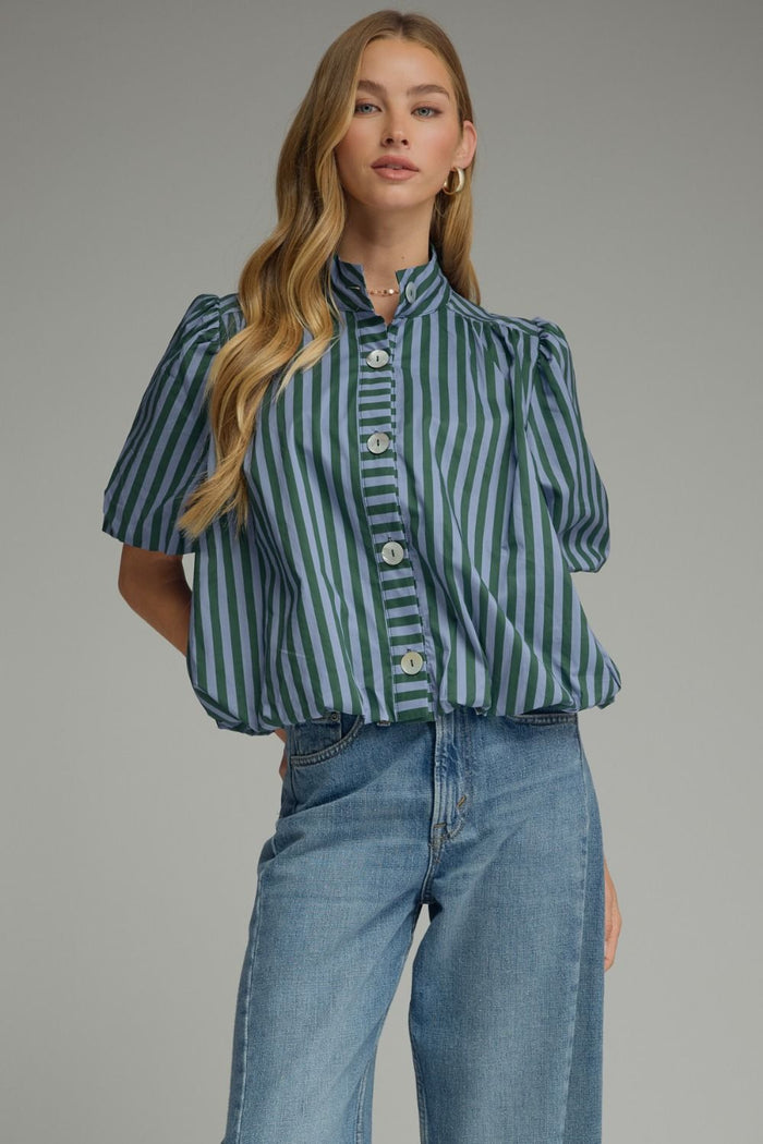 ENTRO Striped Short Puff Sleeve Bubble Top In Hunter Green Blue