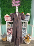 ENTRO Striped Short Sleeve Midi Dress In Navy Brown