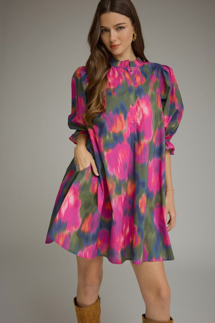 ENTRO Watercolor Print Puff Sleeve Mini Dress In Magenta