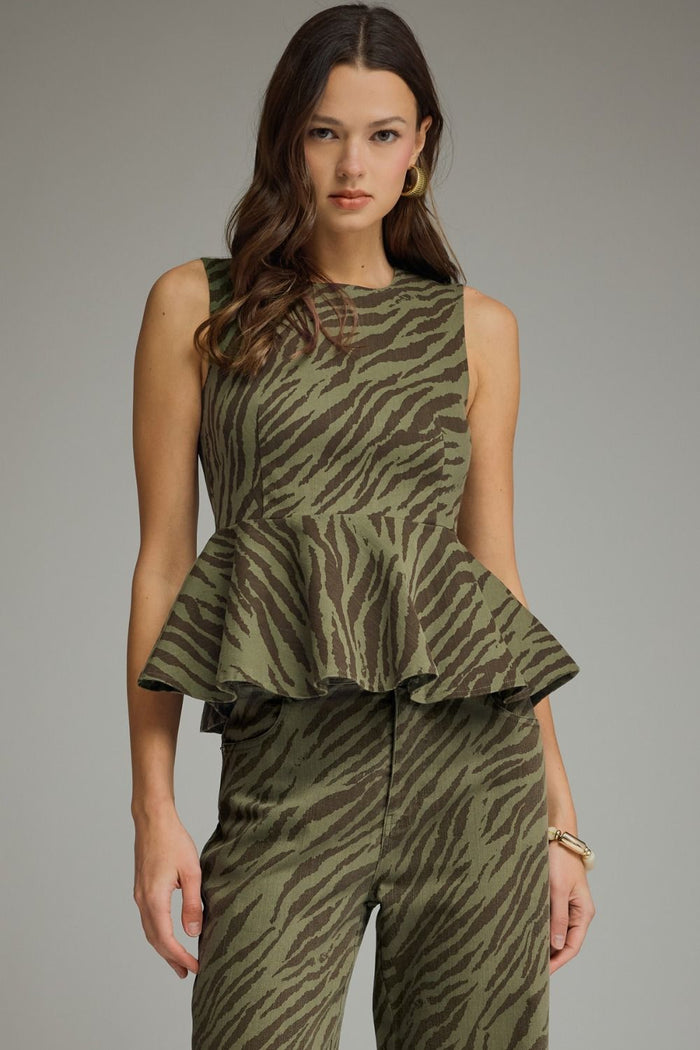 ENTRO Zebra Print Sleeveless Peplum Top In Olive