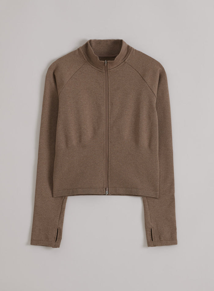 aim'n Espresso Melange Shape Seamless Zip Jacket, jossa on täyspitkä vetoketju ja peukaloreiät.