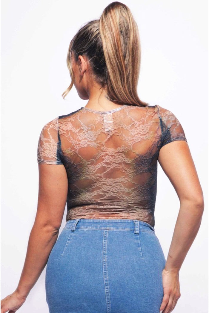 Exposed - Lace Body Print Mesh Bodysuit Sheer Short Sleeve Women’s Top