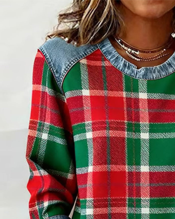 Fashionable Sweatshirt with Checkered Patchwork