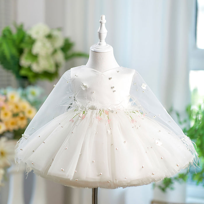 Feathers Pearled Long Sleeves Flower Girl Dress Bowed J553