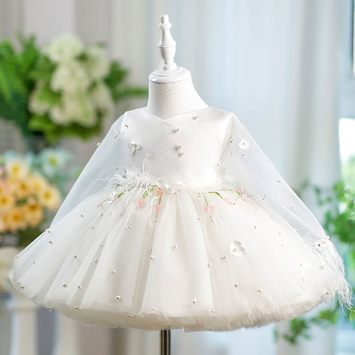 Feathers Pearled Long Sleeves Flower Girl Dress Bowed J553