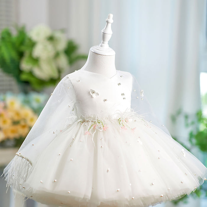 Feathers Pearled Long Sleeves Flower Girl Dress Bowed J553