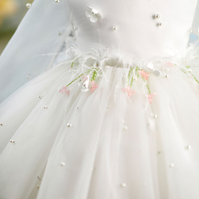 Feathers Pearled Long Sleeves Flower Girl Dress Bowed J553