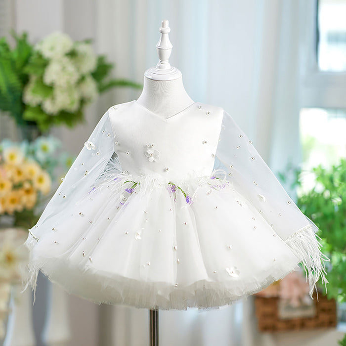 Feathers Pearled Long Sleeves Flower Girl Dress Bowed J553