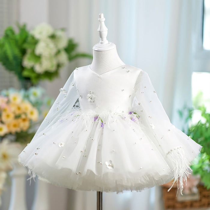 Feathers Pearled Long Sleeves Flower Girl Dress Bowed J553