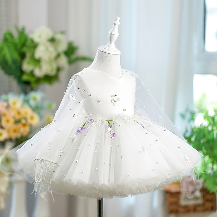 Feathers Pearled Long Sleeves Flower Girl Dress Bowed J553