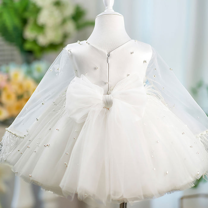 Feathers Pearled Long Sleeves Flower Girl Dress Bowed J553