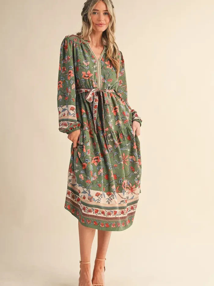 Floral Border Print Belted Midi Dress