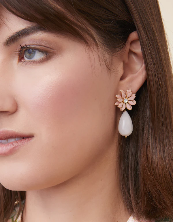 Floral Dew Drop Earrings Pink/White