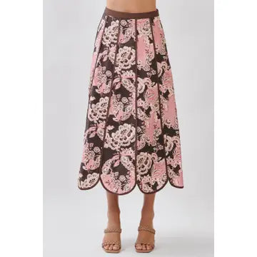 Floral Print Scalloped Hem Paneled Midi Skirt