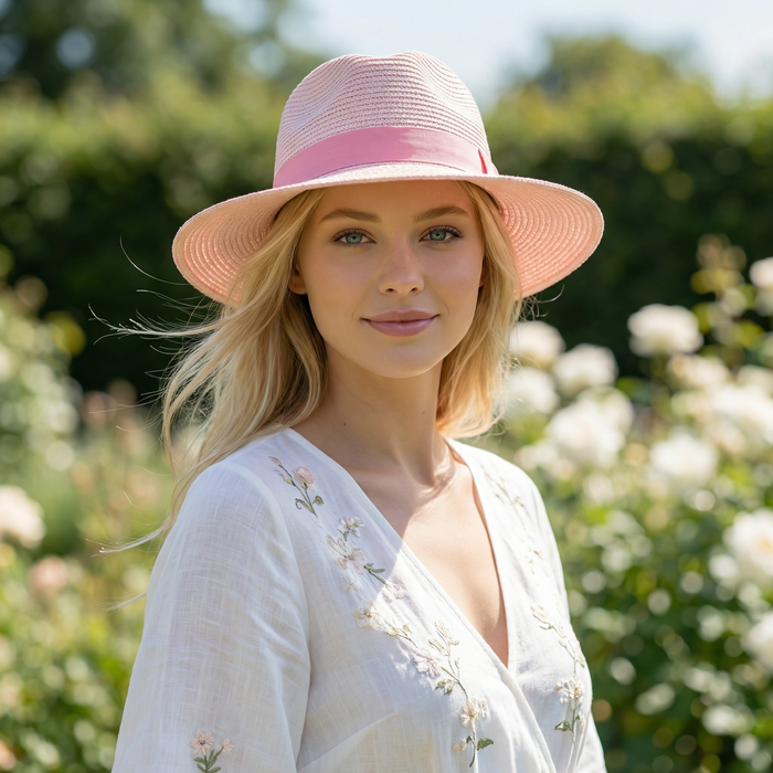 Folding Panama Style Travel Sun Hat - Vintage Pink (57cm)