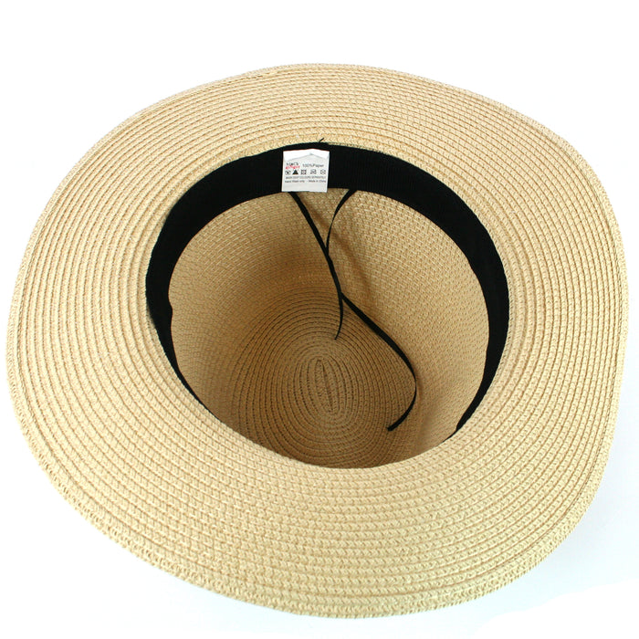 The inside of the folding sun hat. it shows the soft inner brim. it also shows that there is a ribbon cord that allows the wearer to adjust the size for a more comfortable fit