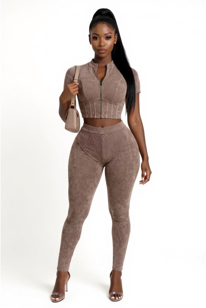 Follow My Lead - Short Sleeve Crop Front Zip Up Matching Pants Set