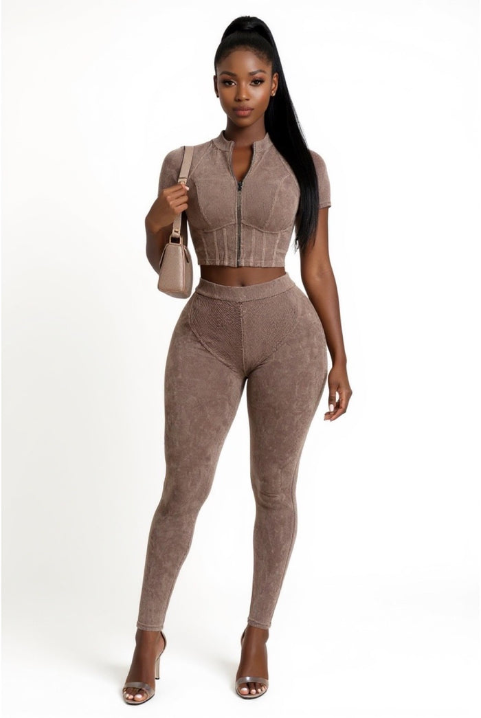 Follow My Lead - Short Sleeve Crop Front Zip Up Matching Pants Set