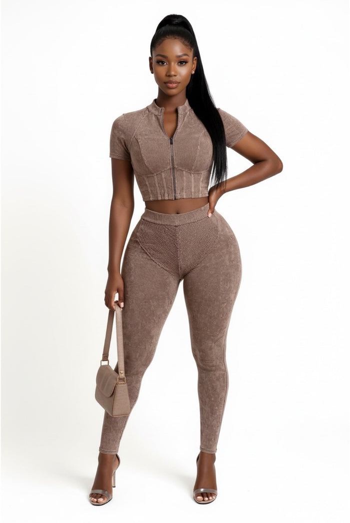 Follow My Lead - Short Sleeve Crop Front Zip Up Matching Pants Set