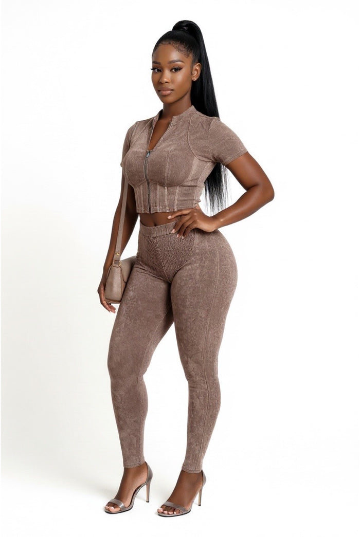 Follow My Lead - Short Sleeve Crop Front Zip Up Matching Pants Set