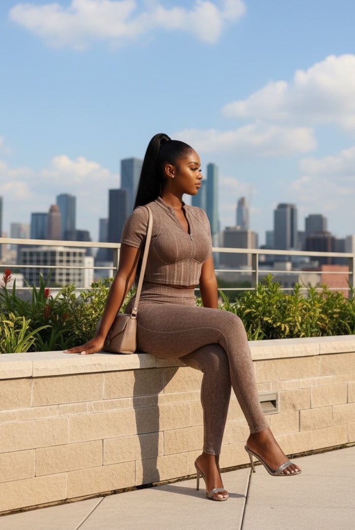 Follow My Lead - Short Sleeve Crop Front Zip Up Matching Pants Set