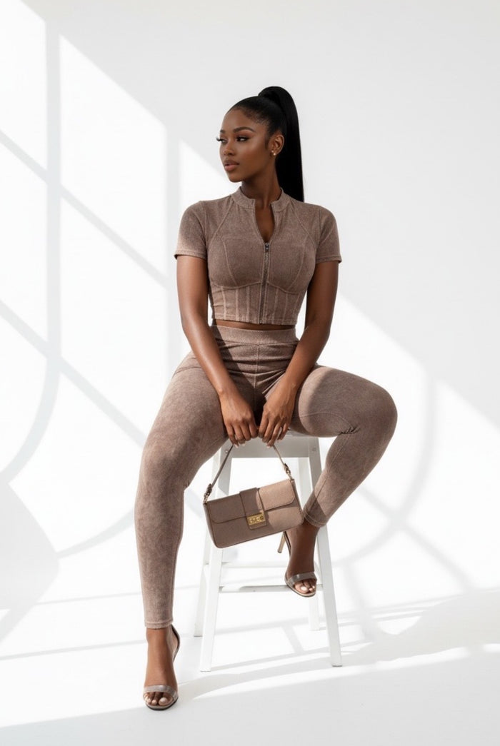 Follow My Lead - Short Sleeve Crop Front Zip Up Matching Pants Set