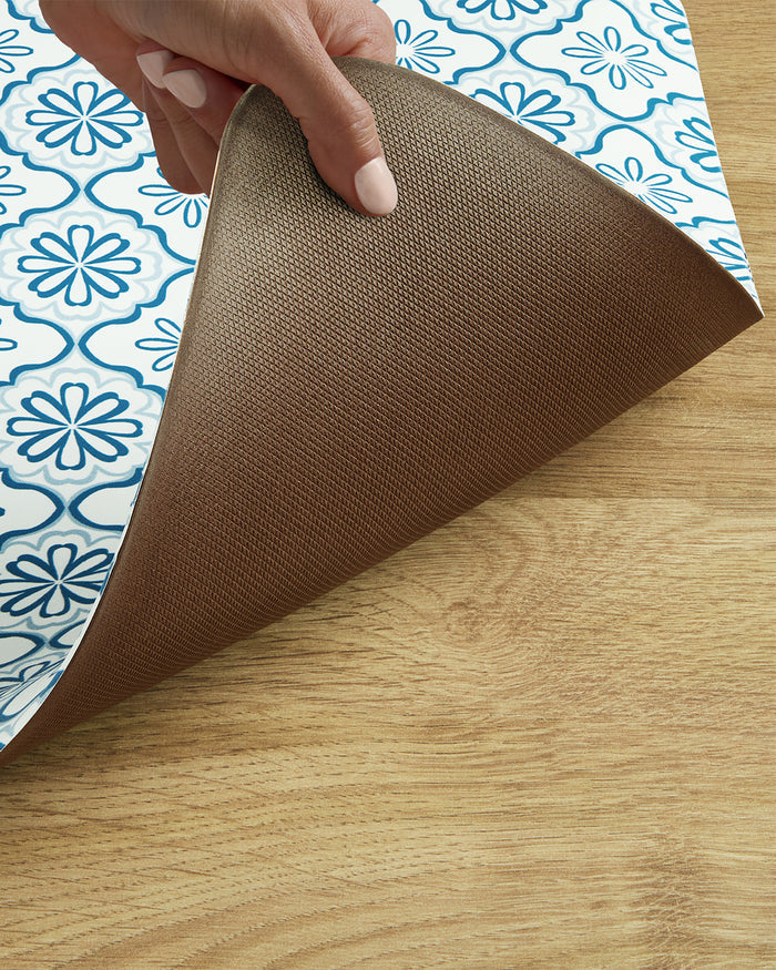 Geometric Floral Kitchen Mat in Blue