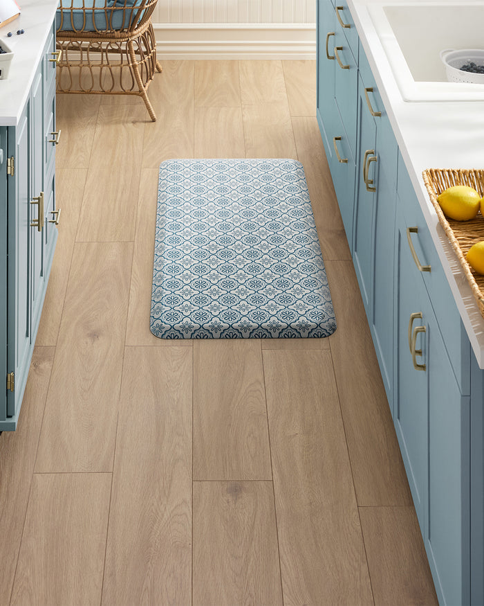 Geometric Floral Kitchen Mat in Blue