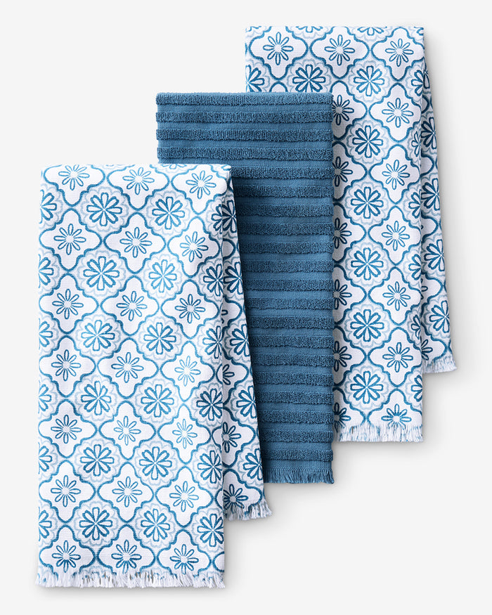 Geometric Floral Kitchen Towel Set in Blue