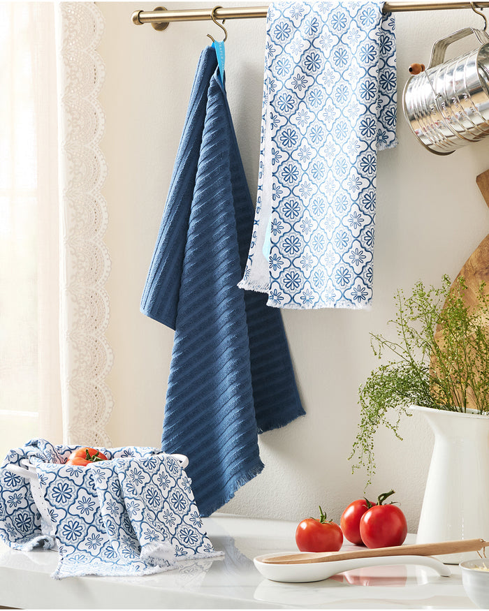 Geometric Floral Kitchen Towel Set in Blue
