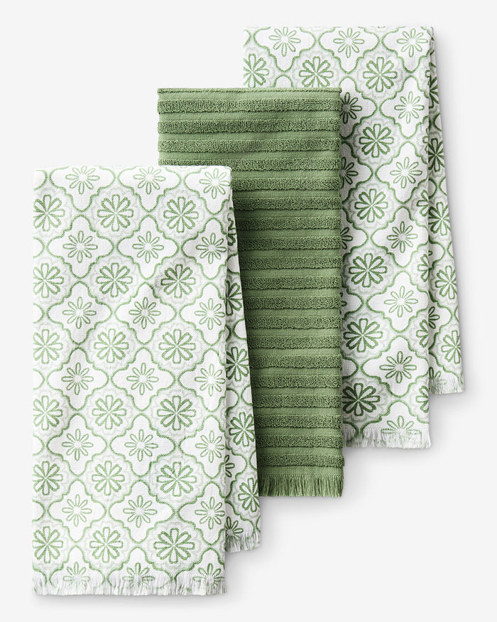 Geometric Floral Kitchen Towel Set in Seafoam