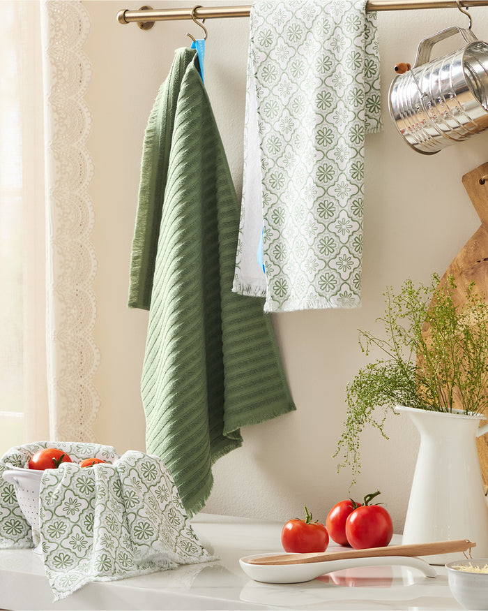 Geometric Floral Kitchen Towel Set in Seafoam
