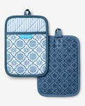 Geometric Floral Pot Holder Set in Blue