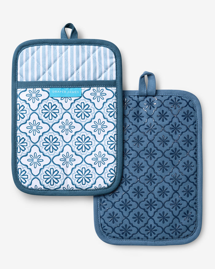 Geometric Floral Pot Holder Set in Blue